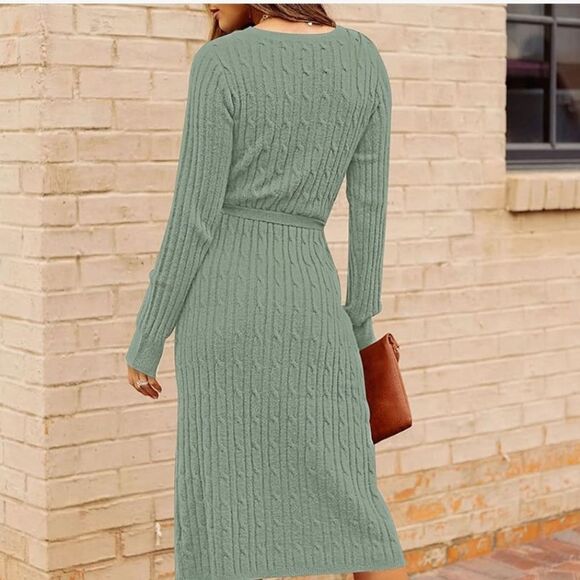 NWT MEROKEETY Green Ribbed Knit Midi Sweater Dress Women's Small | Cozy Pullover - Picture 4 of 9